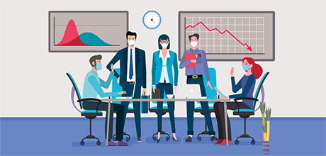 Business team discussing data charts in an office meeting.