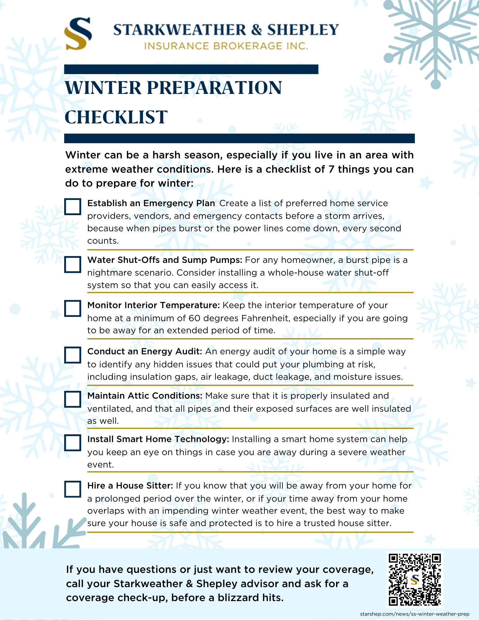 Winter Preparation Checklist by Starkweather & Shepley: 7 tips for harsh weather, including emergency plans and home maintenance.