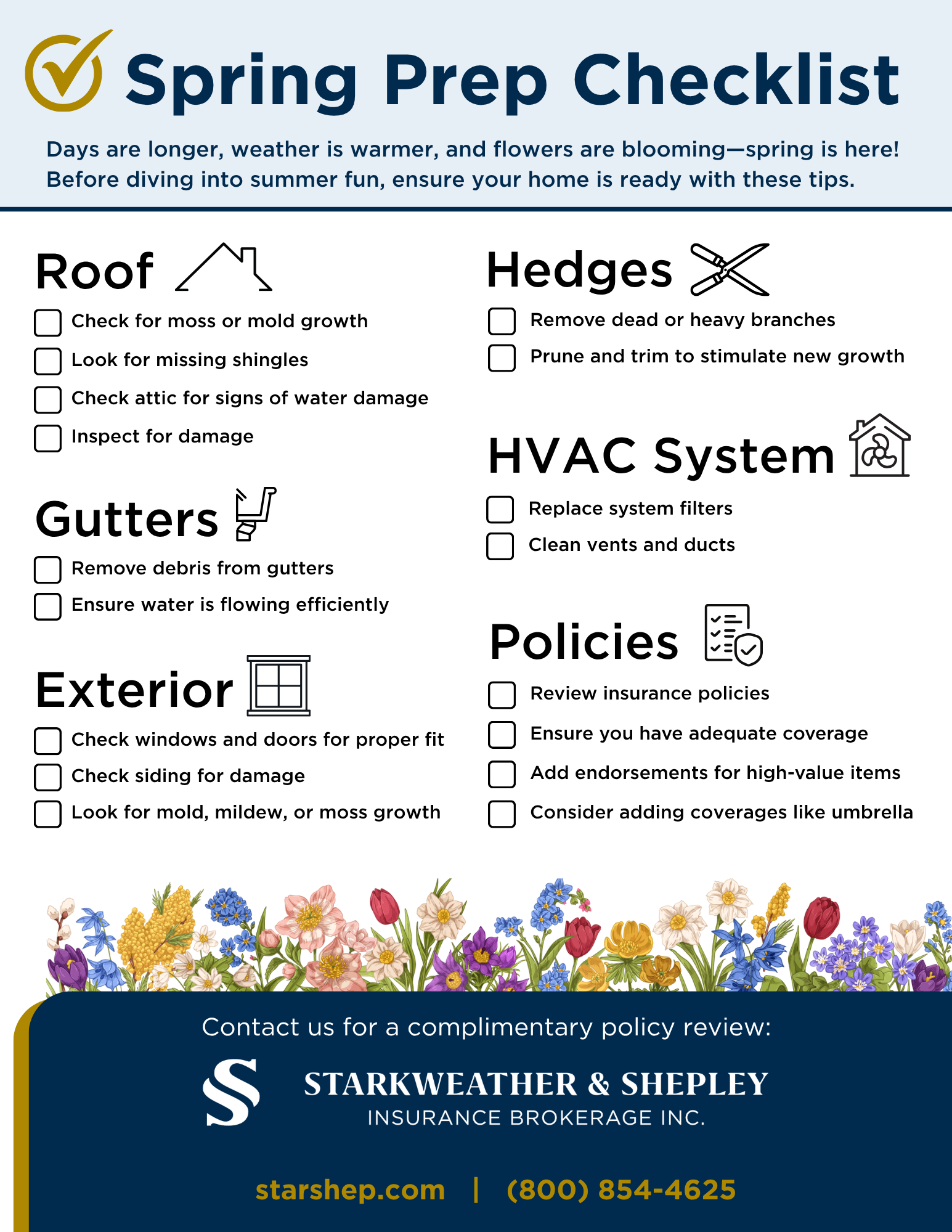 Spring home preparation checklist featuring roof, gutters, exterior, hedges, HVAC system, and insurance policy tips.