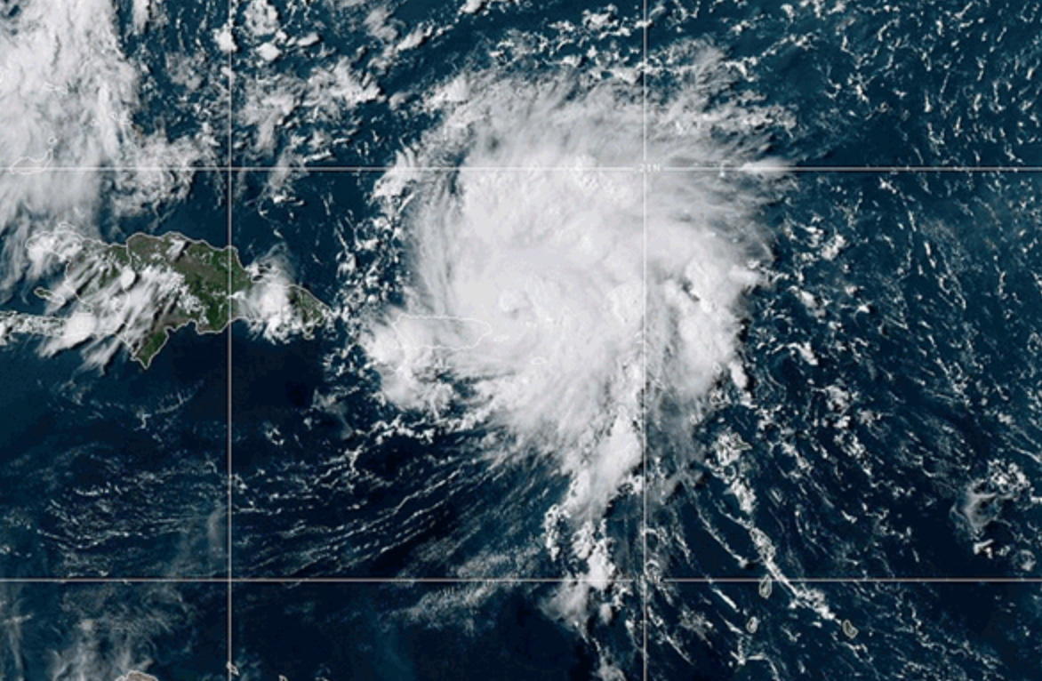Satellite view of a tropical storm forming over the Caribbean Sea.