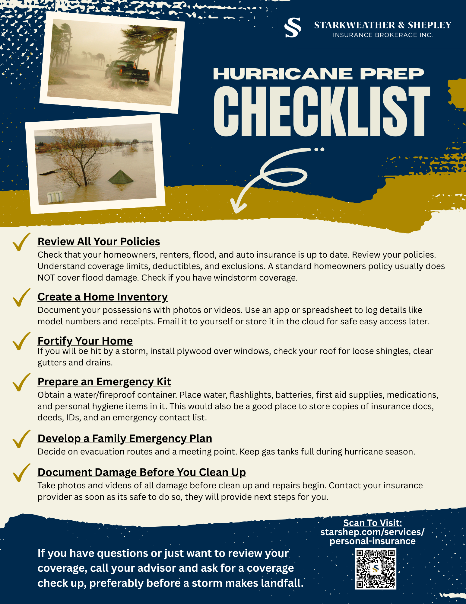 Hurricane preparation checklist with insurance review, home inventory, and emergency kit tips by Starkweather & Shepley.