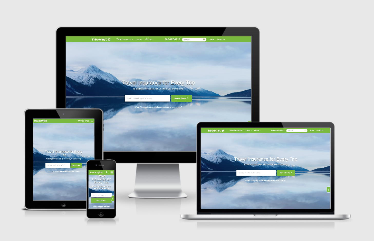 Responsive travel insurance website displayed on various devices, including a desktop, laptop, tablet, and smartphone.