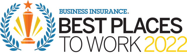 Award emblem for "Best Places to Work 2022" by Business Insurance, featuring a trophy and laurel wreath design.