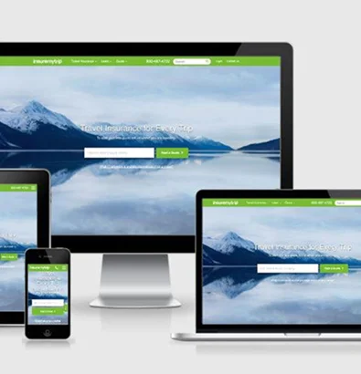 Responsive InsureMyTrip website on multiple devices, showcasing travel insurance solutions.