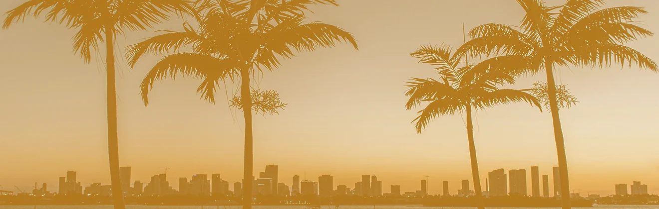 Naples skyline silhouette with palm trees at sunset, highlighting Southwest Florida business insurance services.