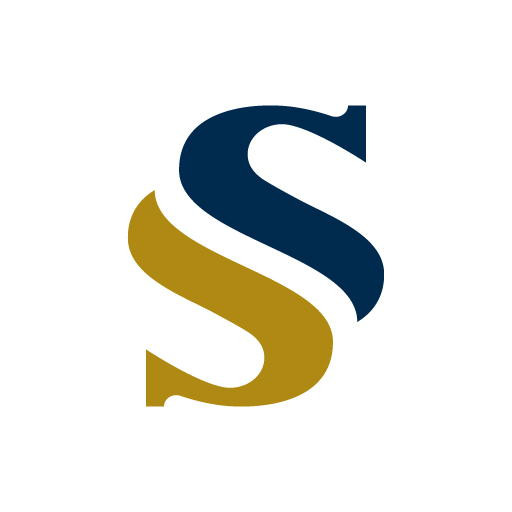 Stylized gold and blue letter "S" logo on a white background.