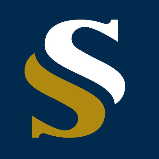 Stylized S logo with white and gold letters on a navy background.